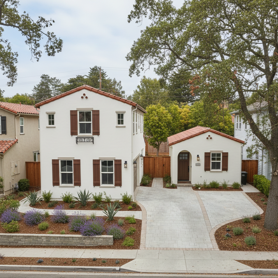 Two-story white Mediterranean house.