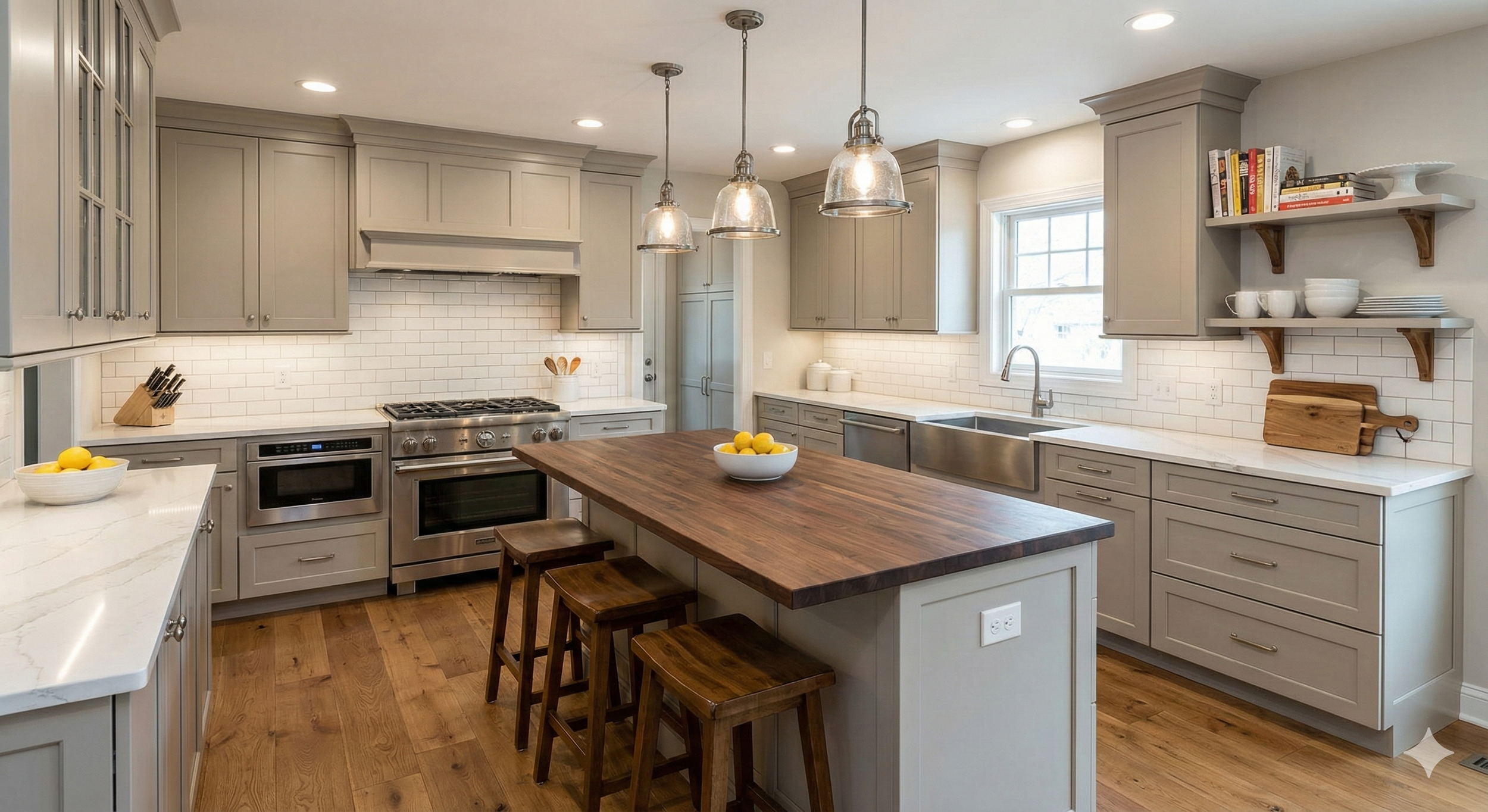 Modern kitchen with grey cabinets.