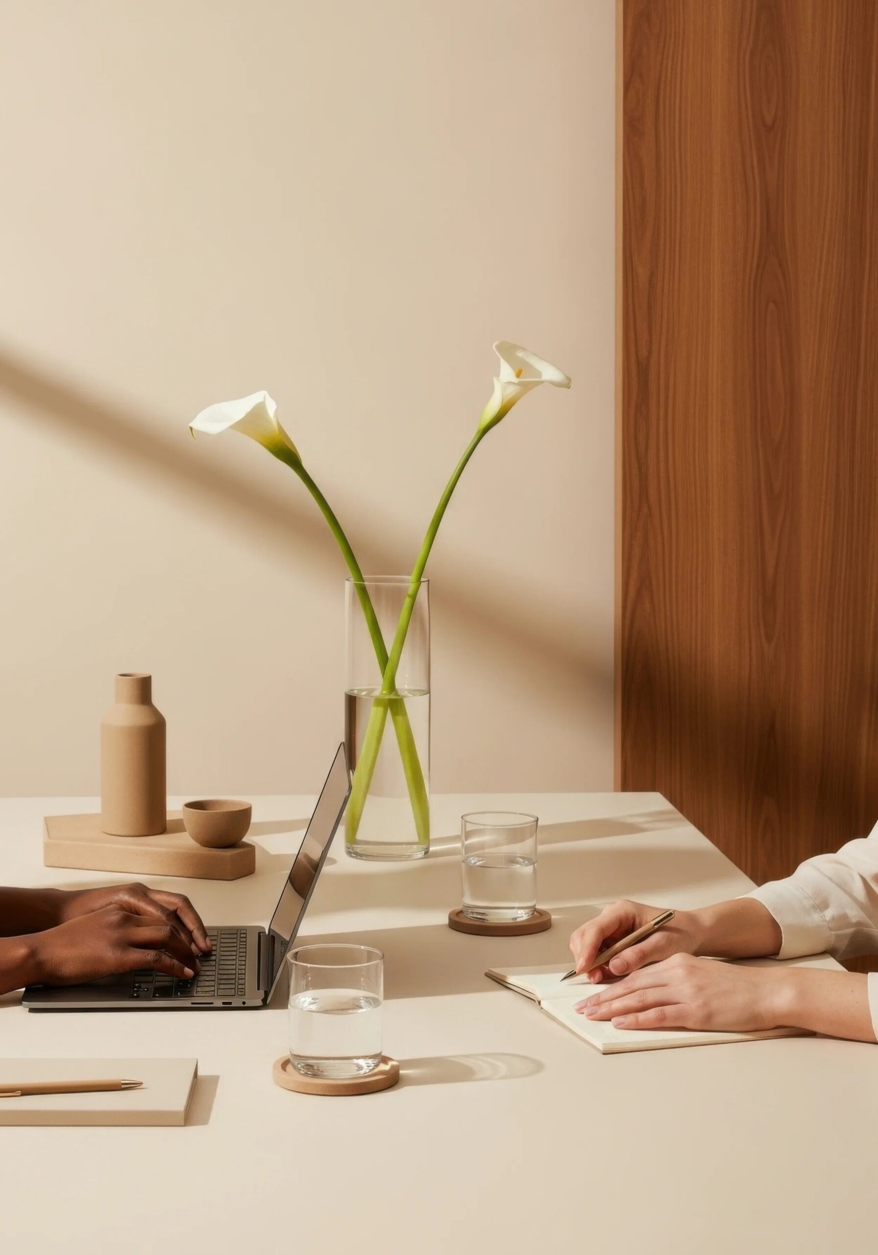 Minimalist workspace with calla lilies.